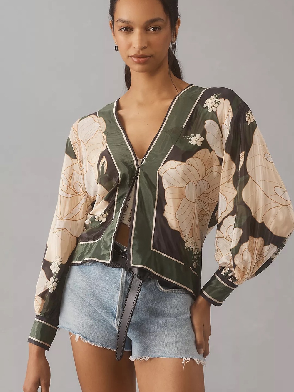 FARM Rio Olive, Cream and Black Floral Zip-Front Puff Sleeve Top